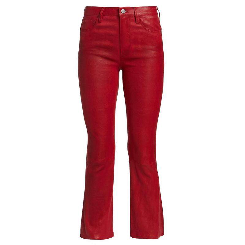 美国代购正品frame le crop mini boot leather 休闲裤女红色皮裤
