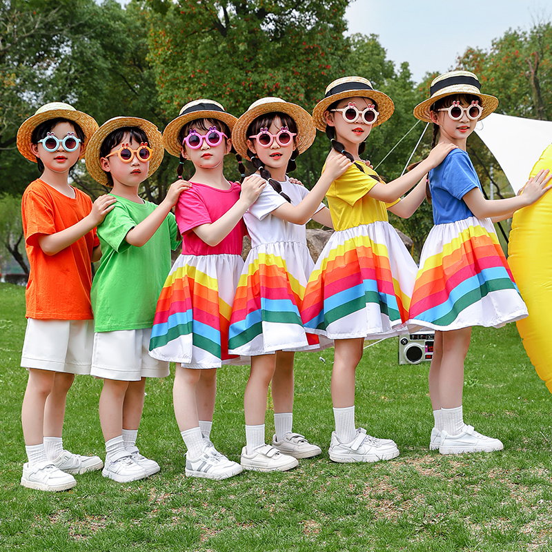 六一儿童舞蹈演出服七彩连衣裙运动会啦啦操服幼儿园拍照班服