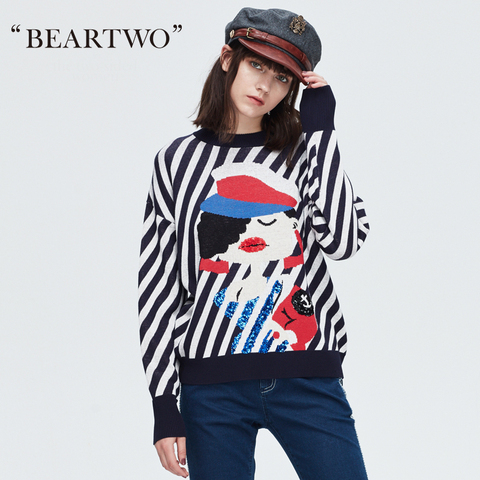 【商场同款】BEARTWO2017 秋冬新时尚斜条纹编织修身高圆领毛衫
