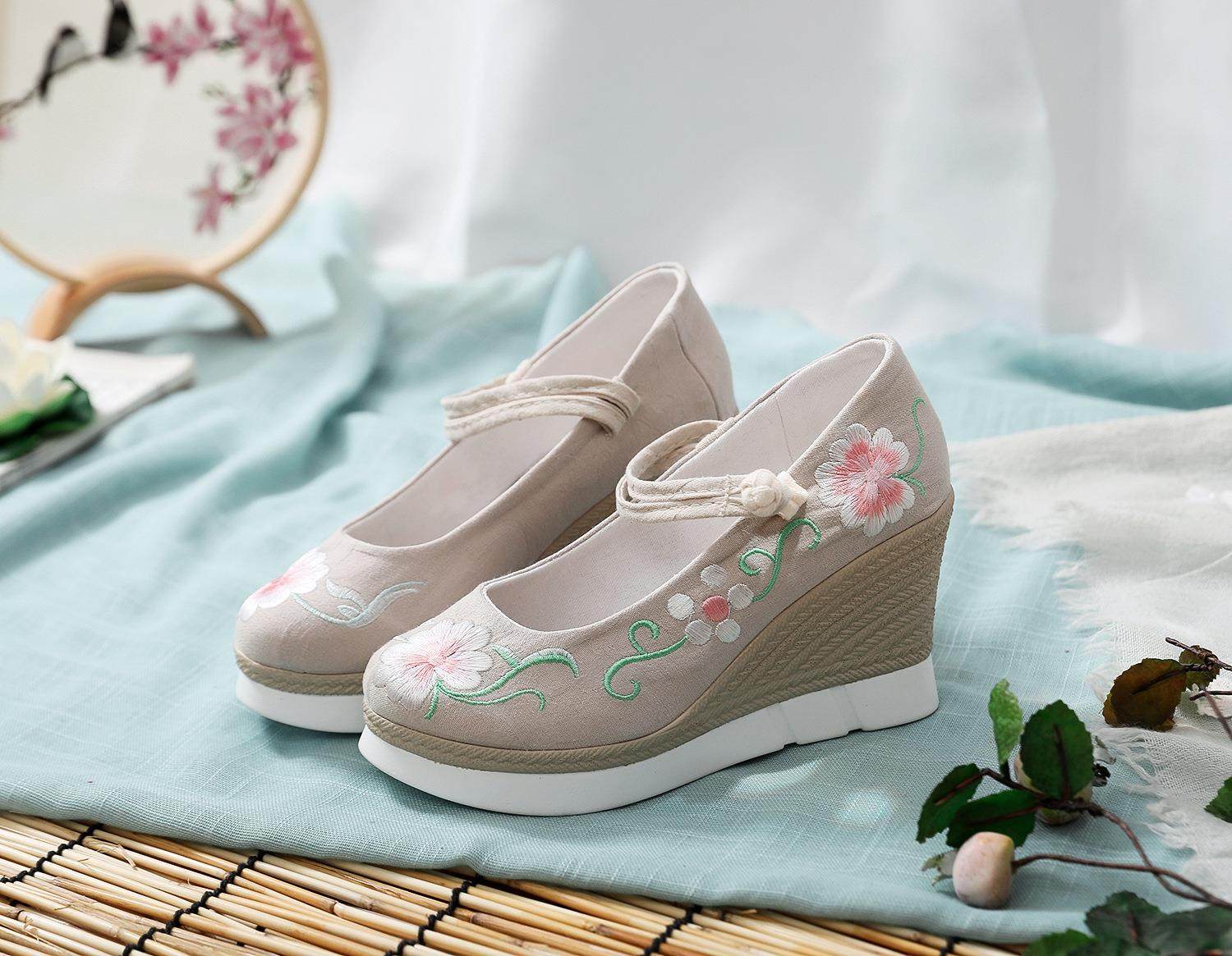 夏古风鞋子高跟流苏汉服鞋女内增高坡跟绣花鞋民族风古装布鞋定制