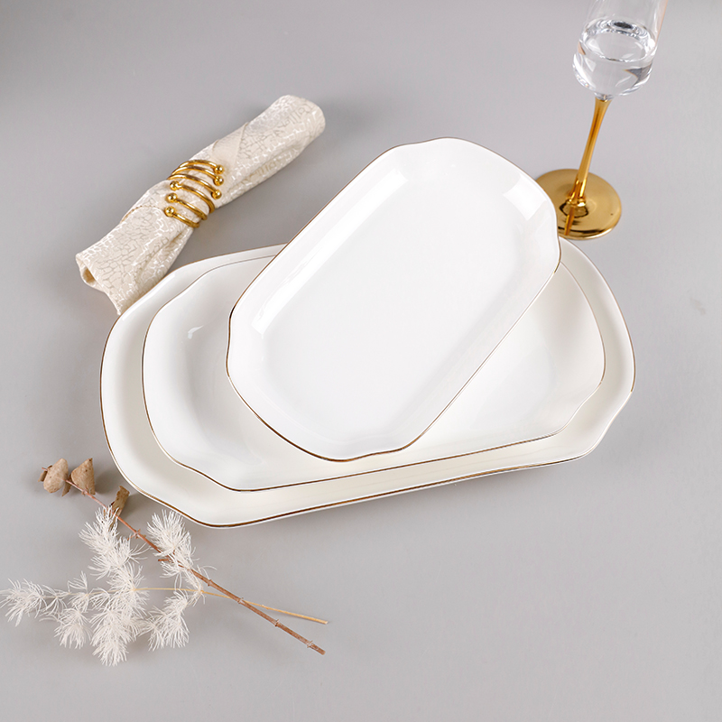 唐山金边餐具12英寸深盘子凉菜盘子长方形装鱼盘子家用白色大盘子