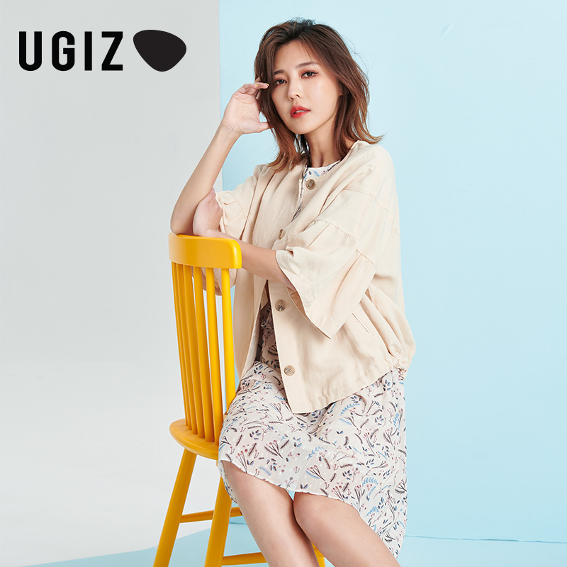 UGIZ夏季新品韩版女装纯色休闲直筒喇叭袖上衣短外套女UBUC701-3