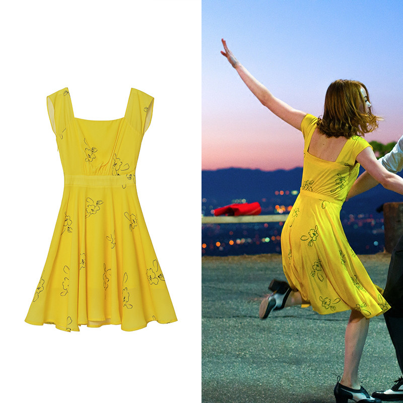 爱乐之城石头姐同款连衣裙快乐大本营古力娜扎黄色漏背长裙