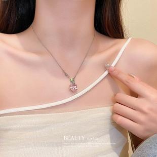 韩国轻奢粉色锆石爱心珍珠项链个性设计感锁骨链甜酷辣妹风项饰女