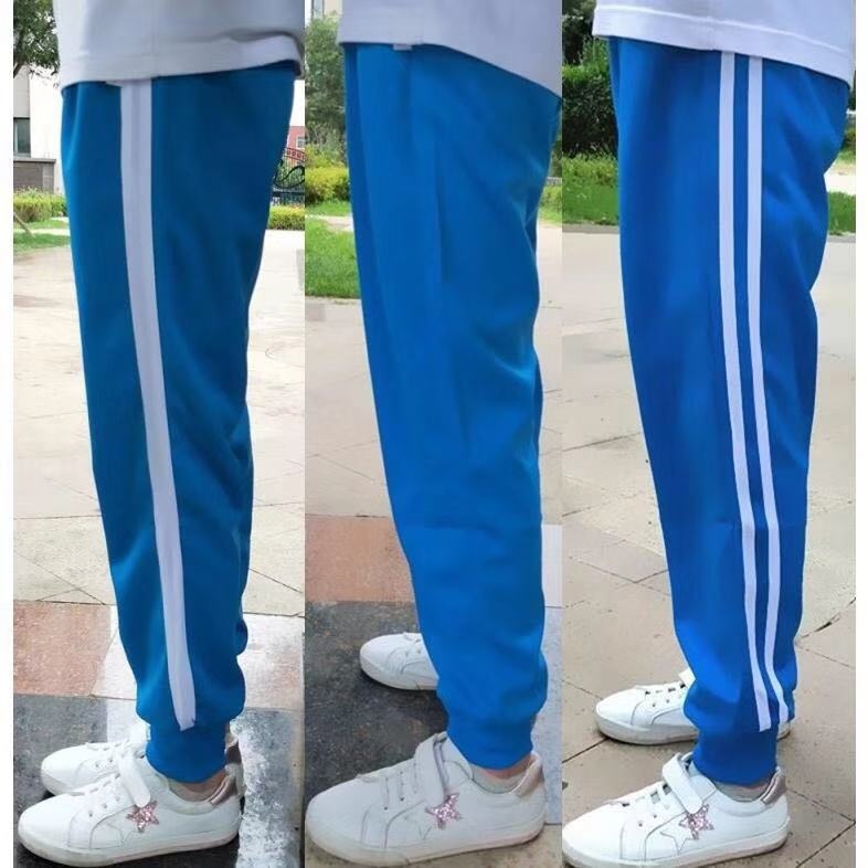 天蓝色校服裤子中小学生男女螺纹纯棉运动收口蓝色两道杠速脚校裤