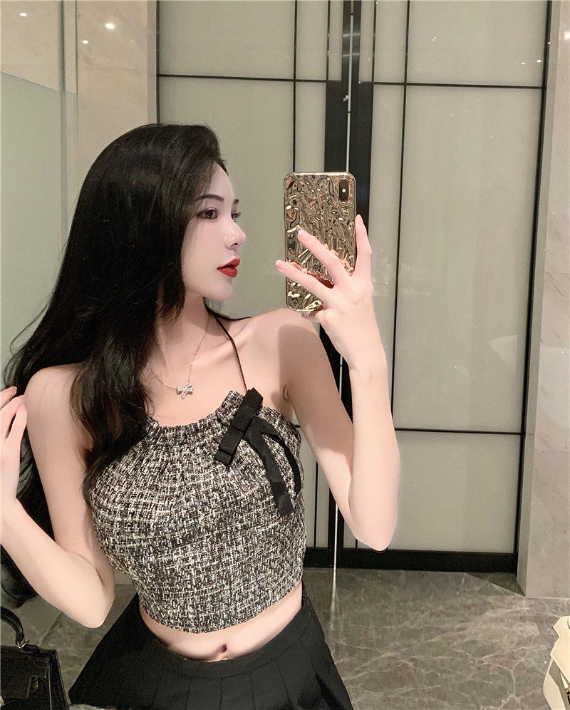 2022年新款性感露背挂脖吊带背心女夏季修身短上衣高腰百褶半身裙