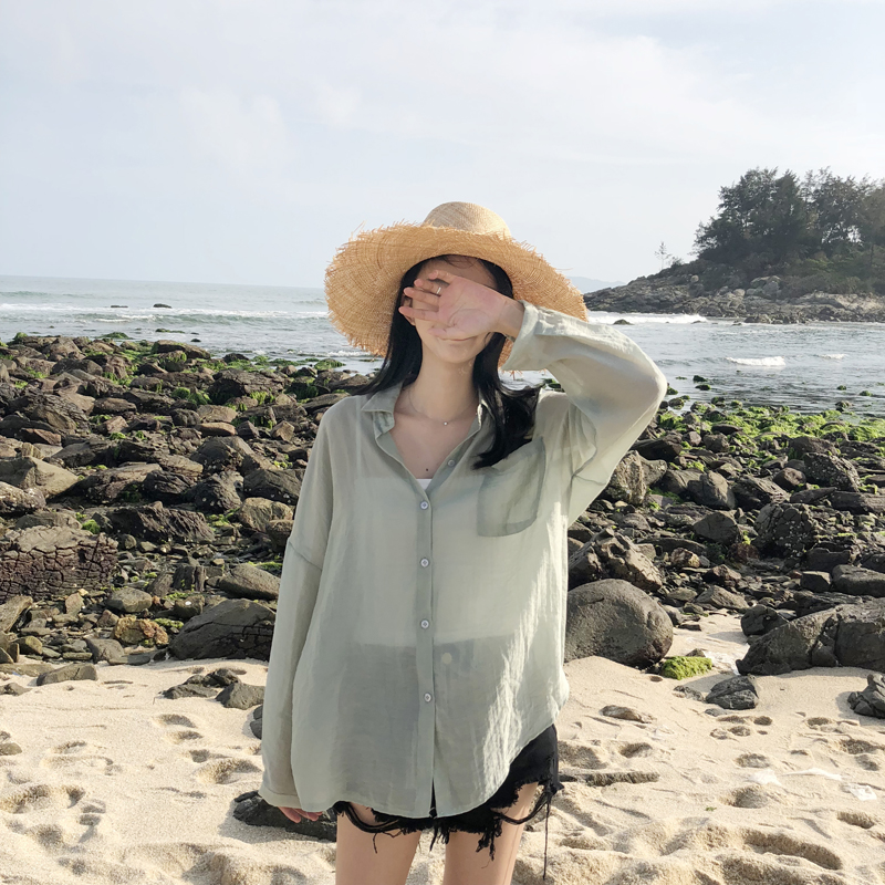 扑啦啦韩风Chic纯色修身基础款小吊带简约宽松长袖薄款防晒衬衫女
