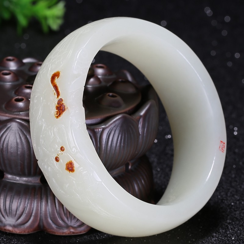 【花开富贵】海派玉雕大师崔哲豪和田玉白玉雕刻手镯119克内径58