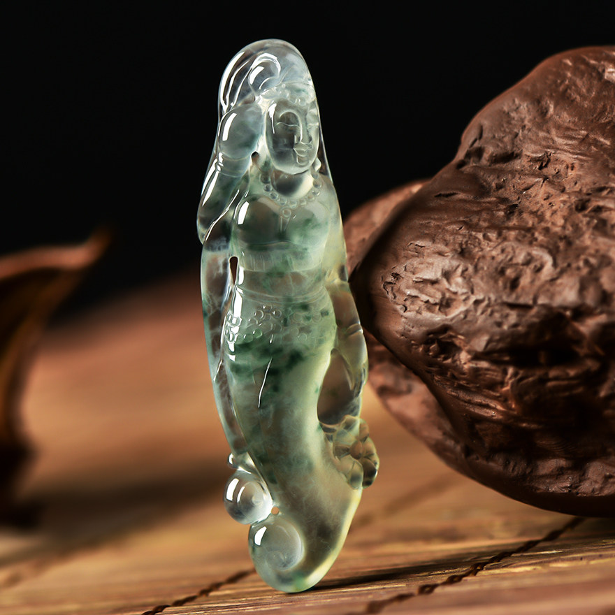 【普度众生】老坑高冰种水润飘蓝花随型观音挂件 7.76g