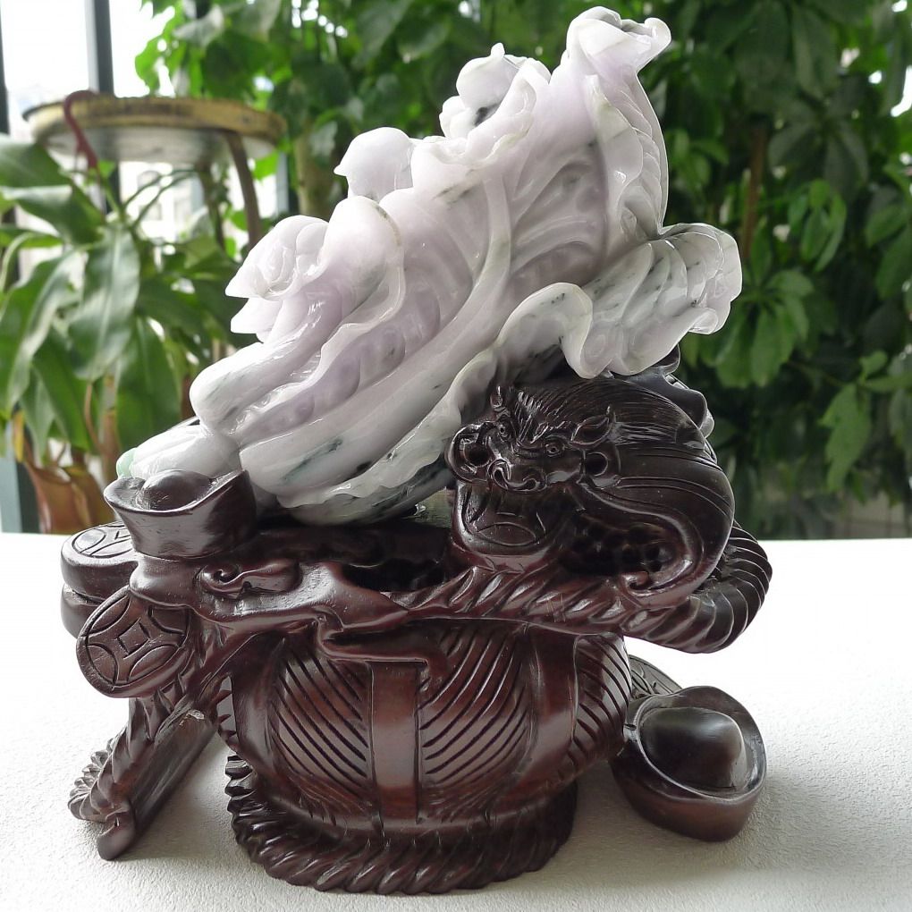 老坑冰糯种紫罗兰a货翡翠白菜摆件1.03公斤(配有高档实木底座)