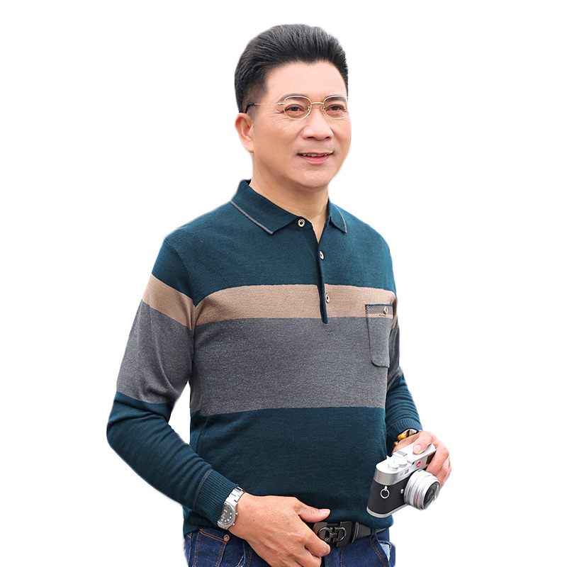 爸爸春中年男士翻领长袖t恤春秋冰丝男体恤薄款老人上衣中老年t恤