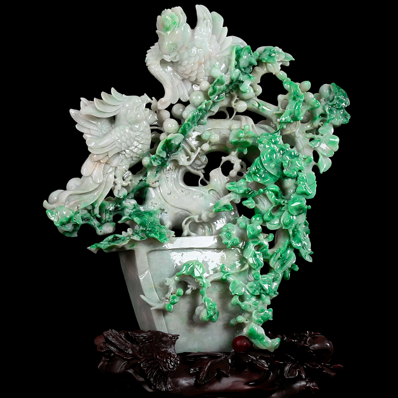 收藏级~天然翡翠a货冰糯种飘绿精雕盘景生机勃勃摆件裸石重8.09kg