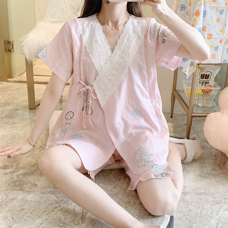 艾尚实拍新款睡衣纯棉纱布短袖月子服孕妇睡衣夏季薄款