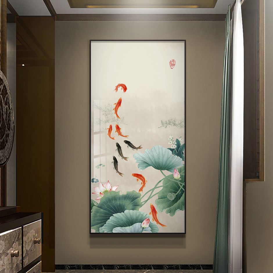 荷花叶九鱼图玄关装饰画入户新中式九尾锂鱼聚财竖版防水晶壁挂画