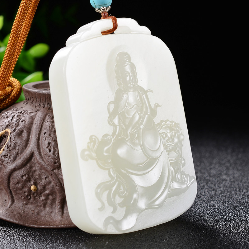 海派玉雕大师崔哲豪作品精品和田玉羊脂白玉观音挂件117.06g