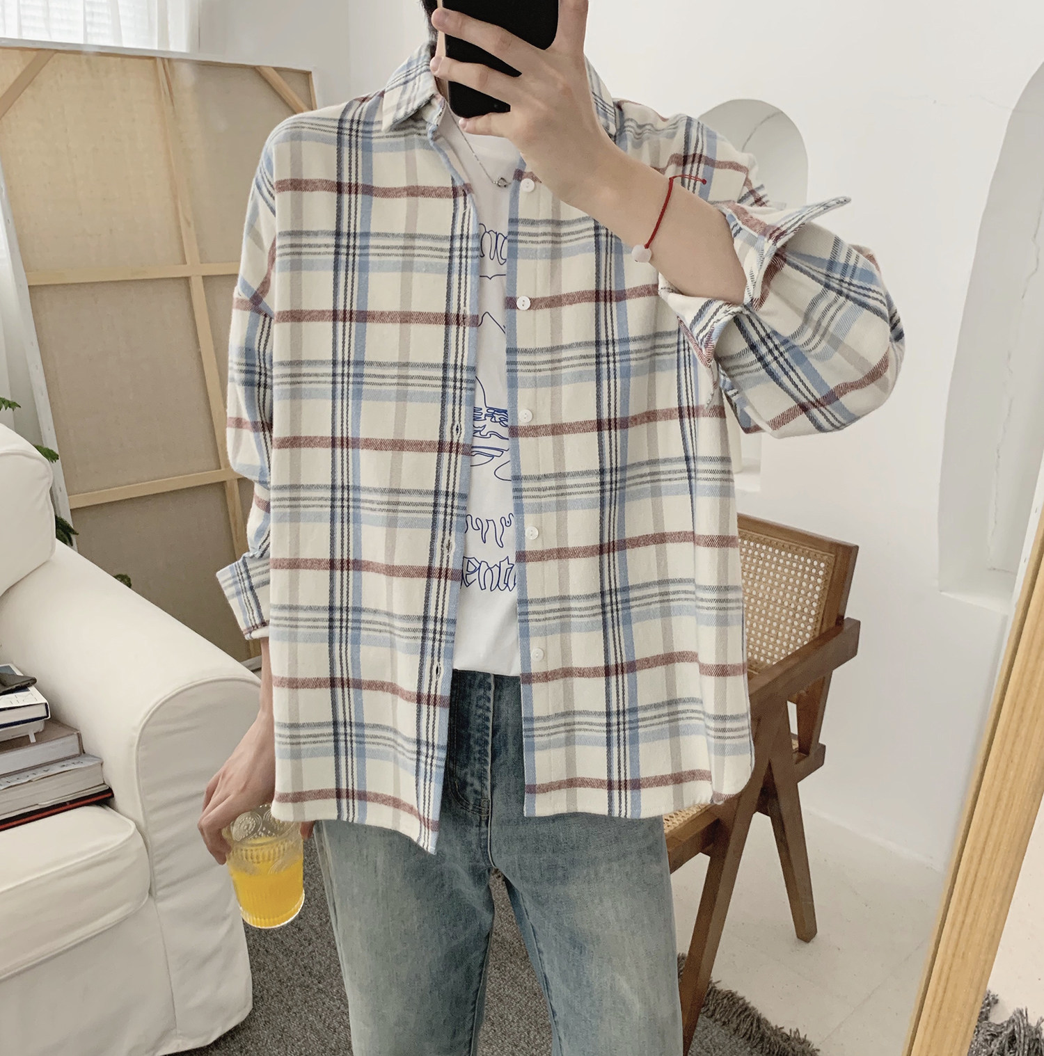 阿茶阿古秋季新款格子衬衫男韩版长袖潮流日系衬衫