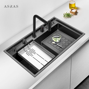 阿萨斯304不锈钢黑色纳米阶梯式手工水槽洗菜盆高低洗碗池大单槽