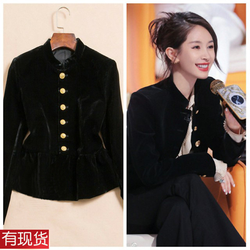 王子文同款衣服小香风立领丝绒黑色修身短外套女设计感洋气上衣潮