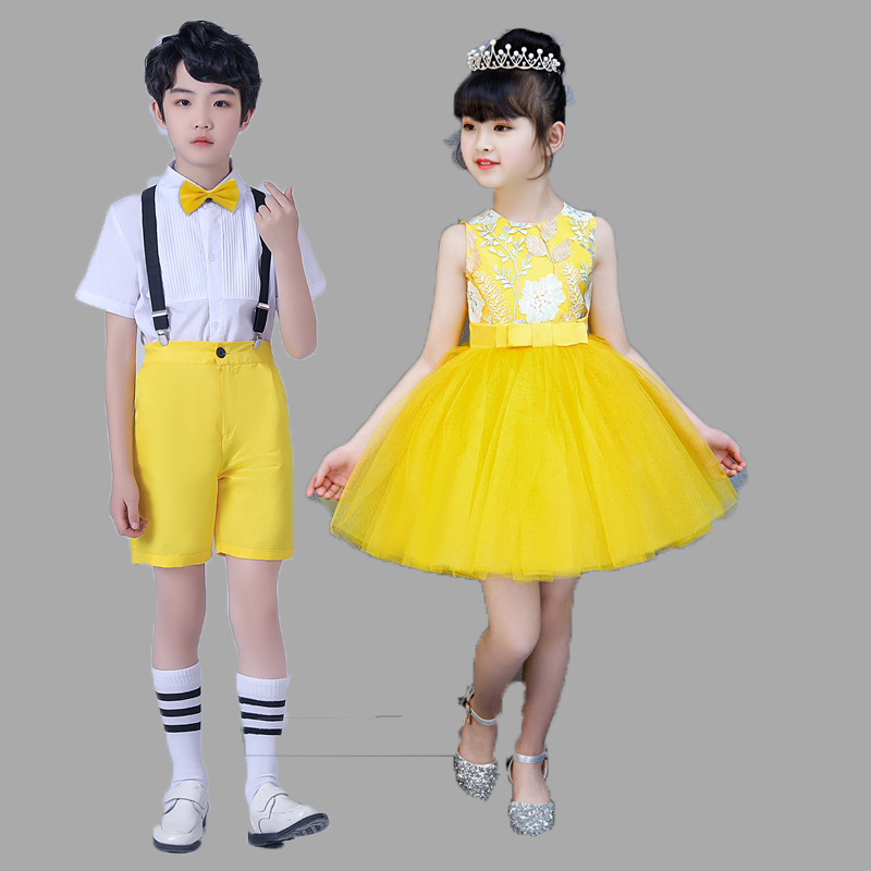 六一儿童黄色演出服蓬蓬裙幼儿园男女学生合唱礼服跳舞亮片纱裙
