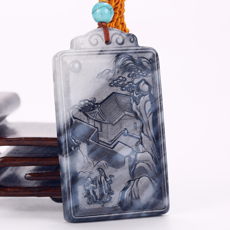 苏州玉雕名家【钱程程】作品 和田玉青花 山水牌 hm43560