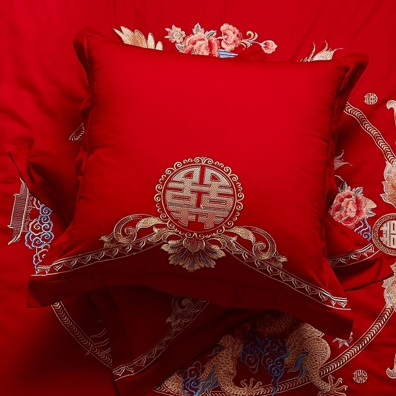 结婚庆大红色纯棉抱枕靠垫套60x60全棉刺绣靠枕套50x50喜字一对方
