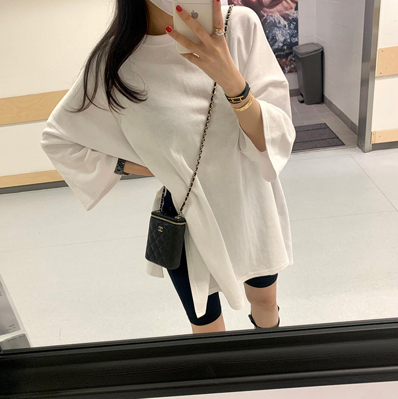 韩国ins白色打底t恤女 网红设计感侧面开叉中长款宽松上衣潮