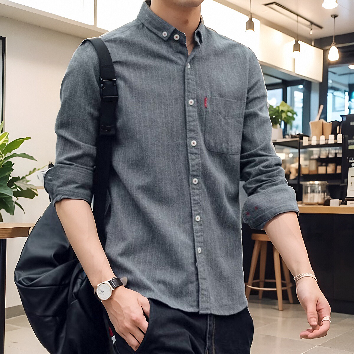 条纹衬衫男士长袖修身韩版商务休闲日系ins超火衬衣潮流帅气外套
