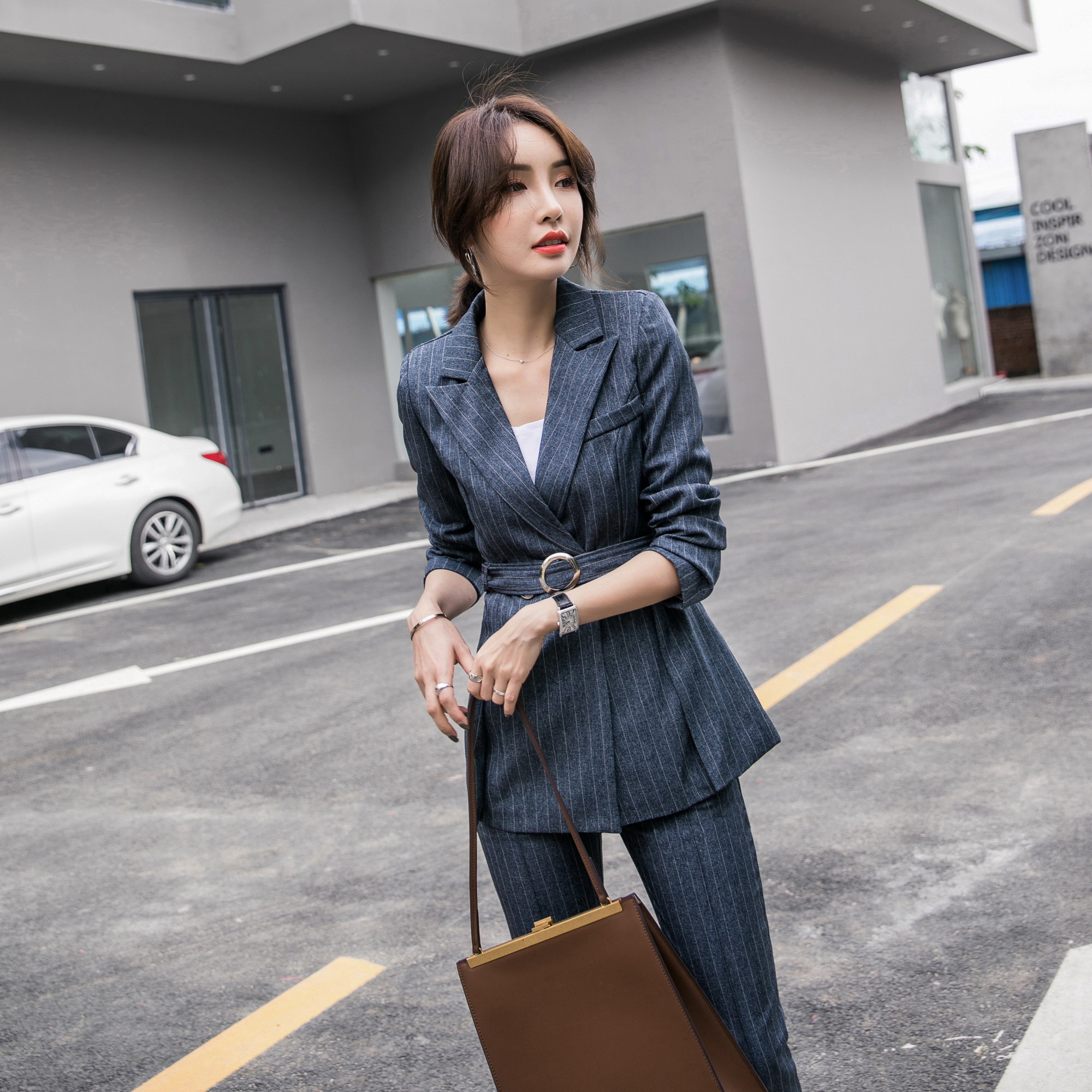 2020春秋韩版通勤女装西装套装气质女神范休闲条纹ol职业装两件套