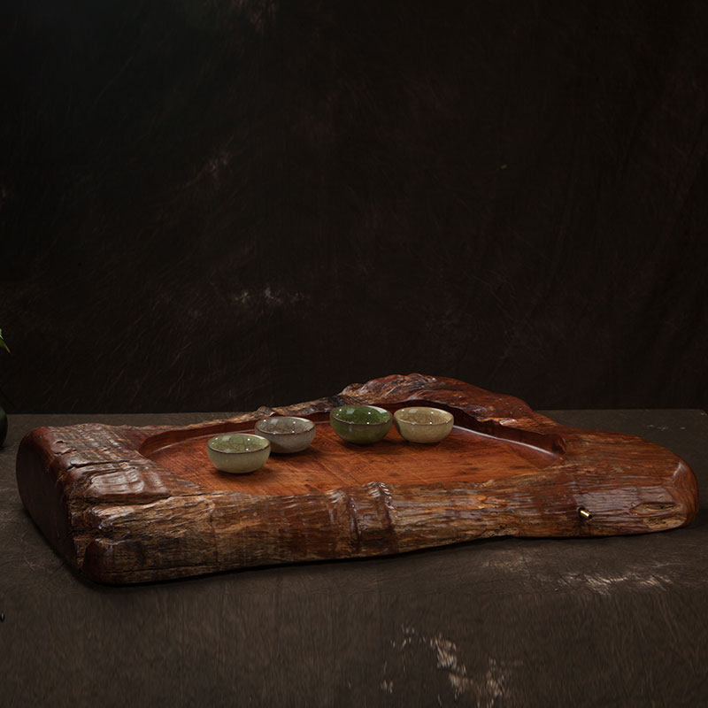缅花原木茶盘 水波纹 天然雕刻摆件