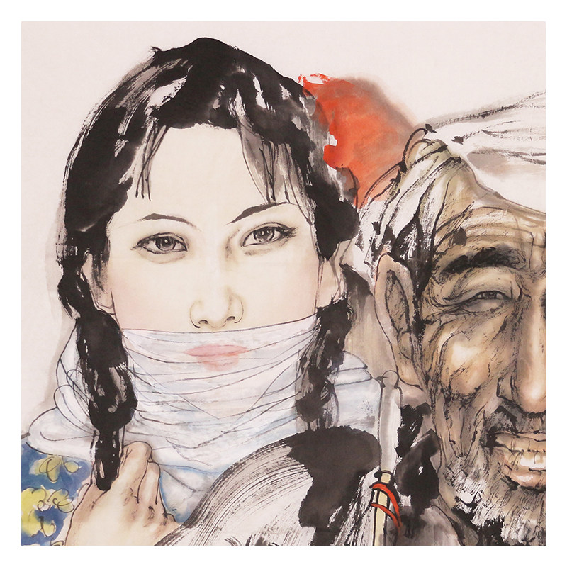 梁岩《两代人》70x68cm