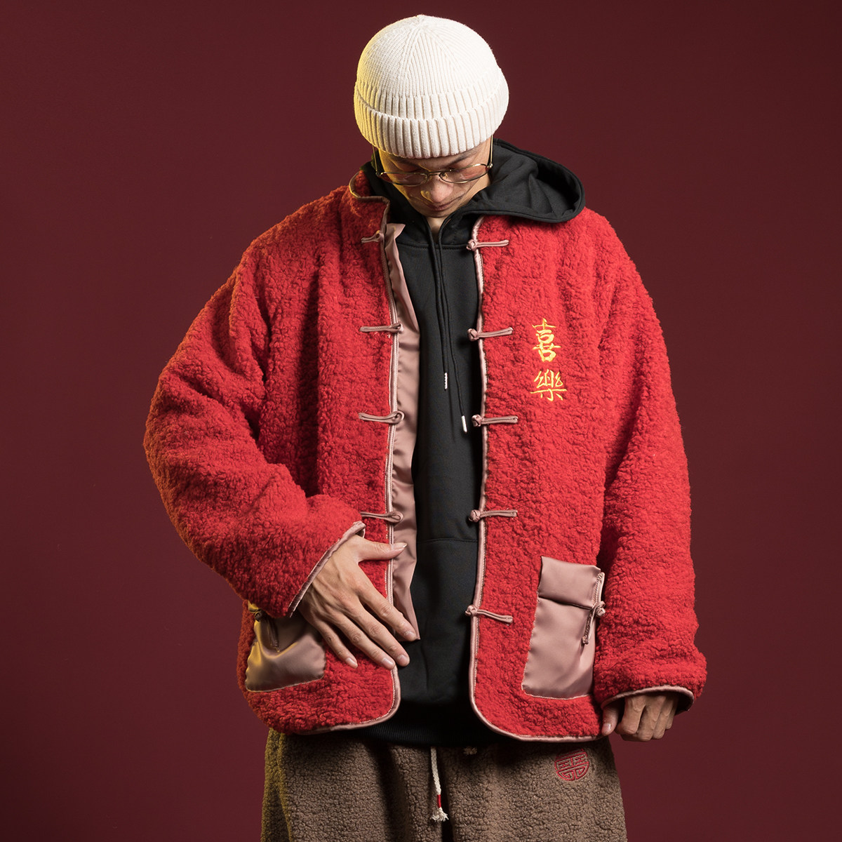 喜乐 国潮情侣刺绣羊羔毛外套中国风个性盘扣毛绒夹克外套唐装男