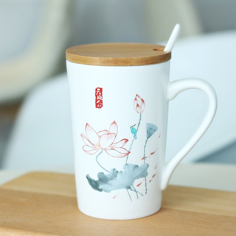 大全—中国风荷花杯子家用带盖带勺陶瓷杯子带莲花图案水杯女马克杯