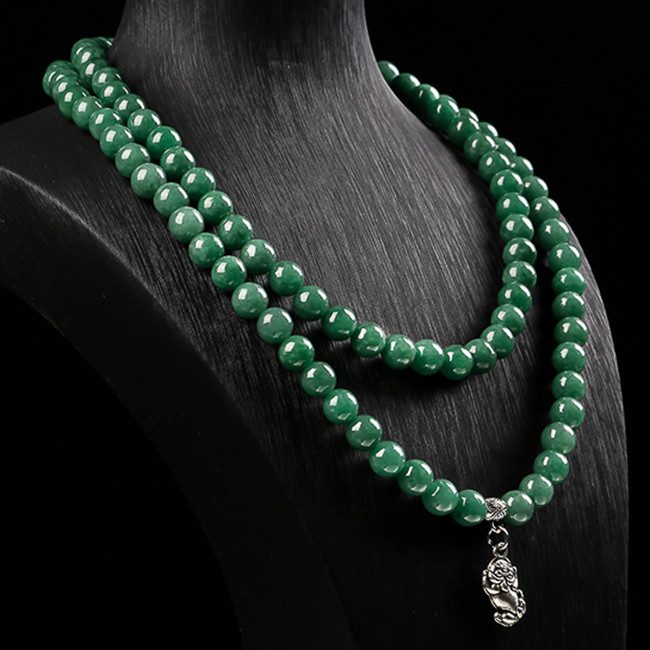 翡翠a货冰润满绿108颗佛珠项链94.30克