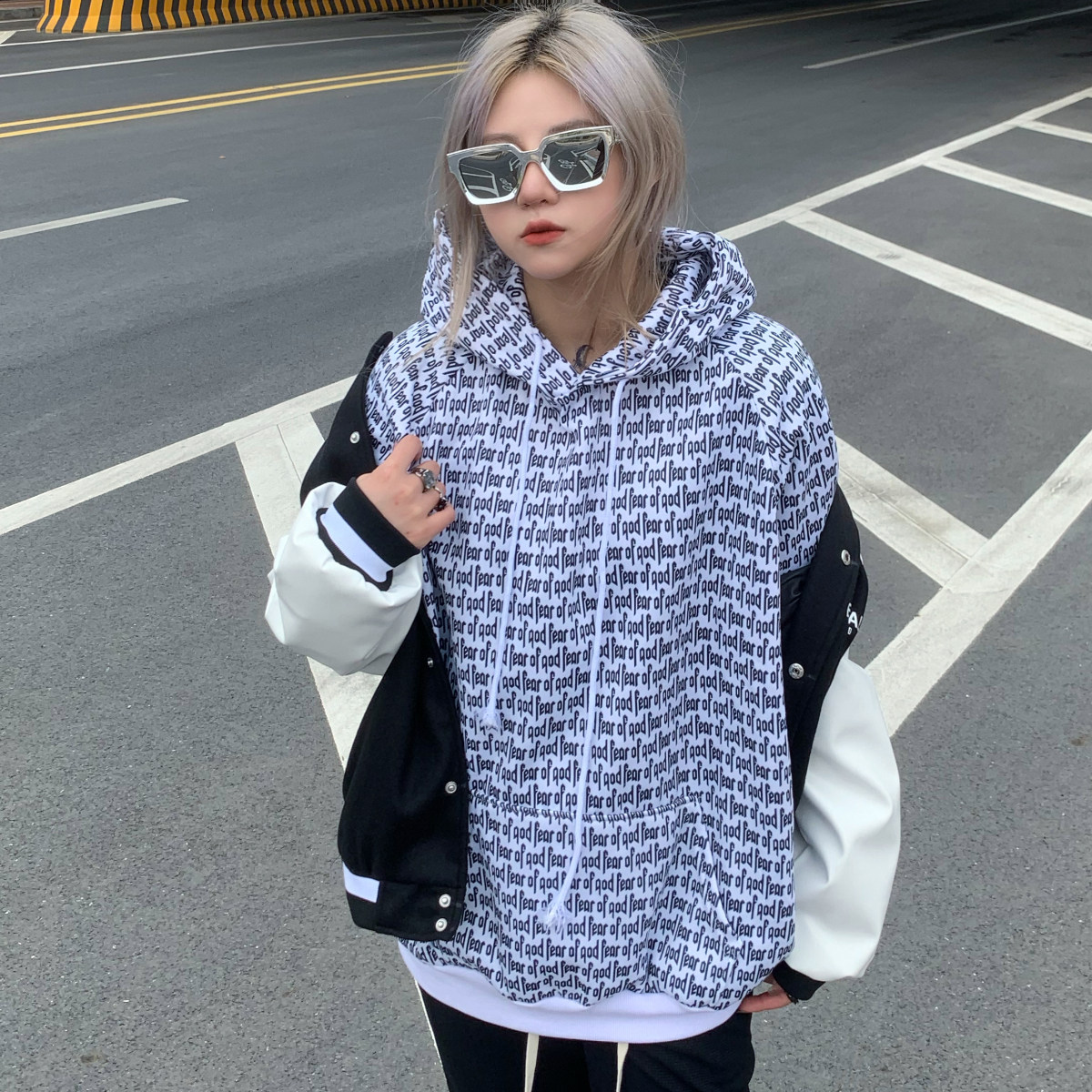 加绒美式潮牌fear of god满印花字母卫衣高街fog男女秋冬连帽衫