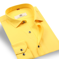 长袖衬衫男士修身韩版纯色商务白黄衬衣男青少年寸衫男装黄色