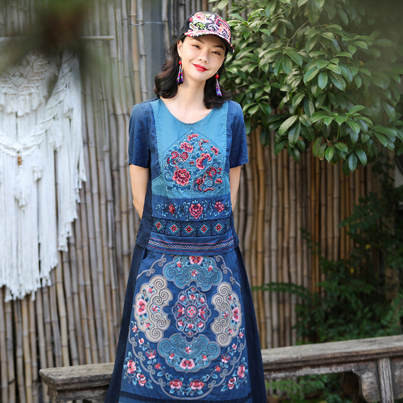 民族风纯亚麻刺绣短袖宽松上衣通勤绣花休闲短款百搭夏体恤,女装t恤