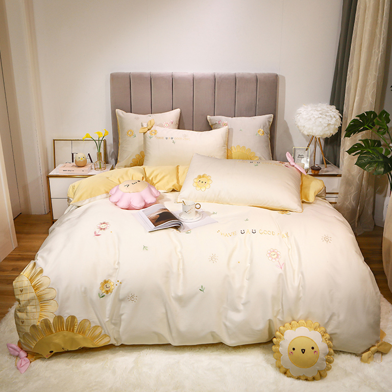 可爱风向日葵纯棉长绒棉四件套床单1.8m2.0米全棉床上用品多件套