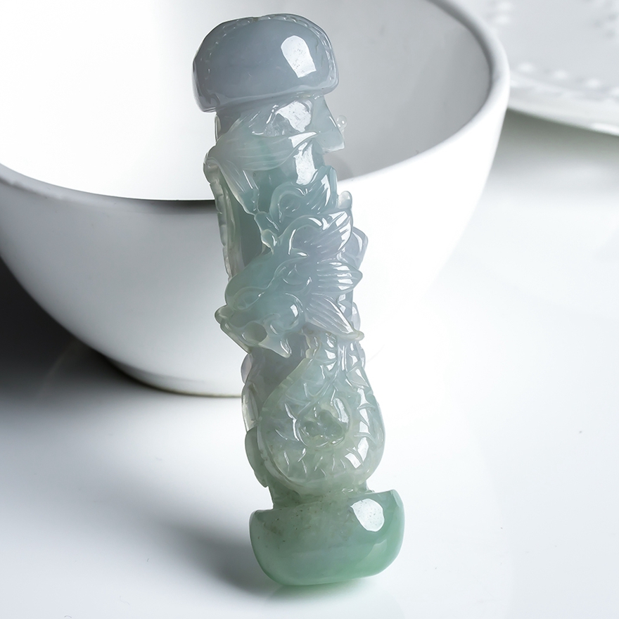 [实物已检]a货翡翠 精雕龙柱吊坠 44.84g