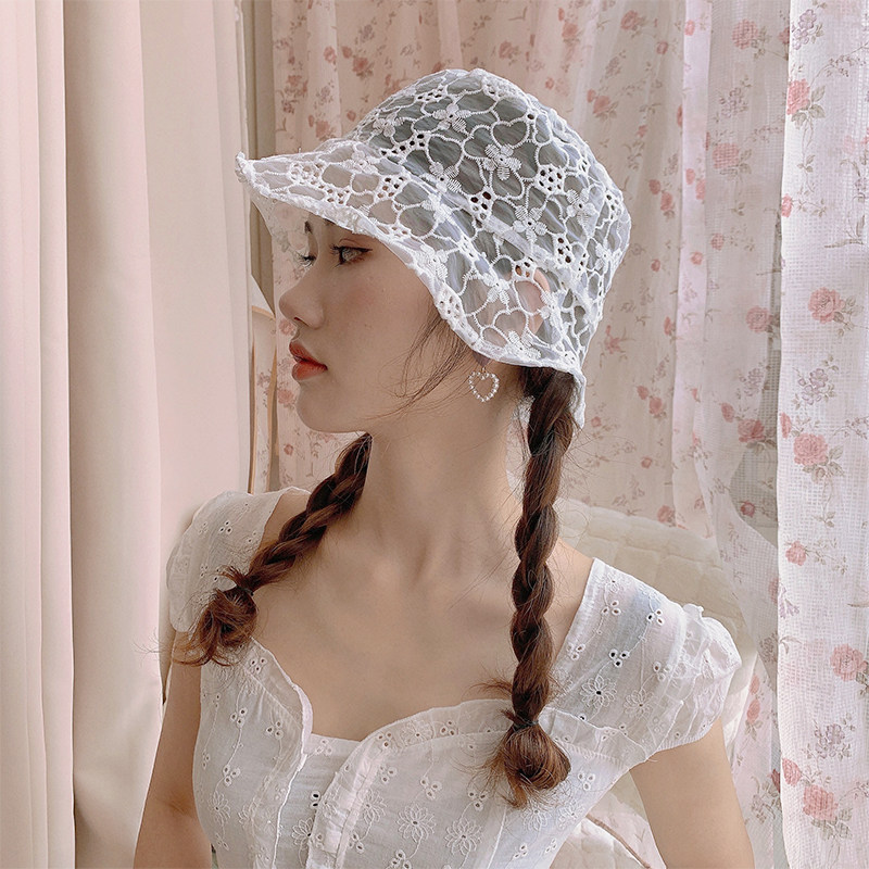 蕾丝帽子女薄款镂空钩花仙气渔夫帽白色网纱夏季水桶帽法式花朵帽