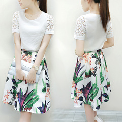 连衣裙女夏季2015夏装女装新款韩版修身显瘦短袖印花两件套装裙子