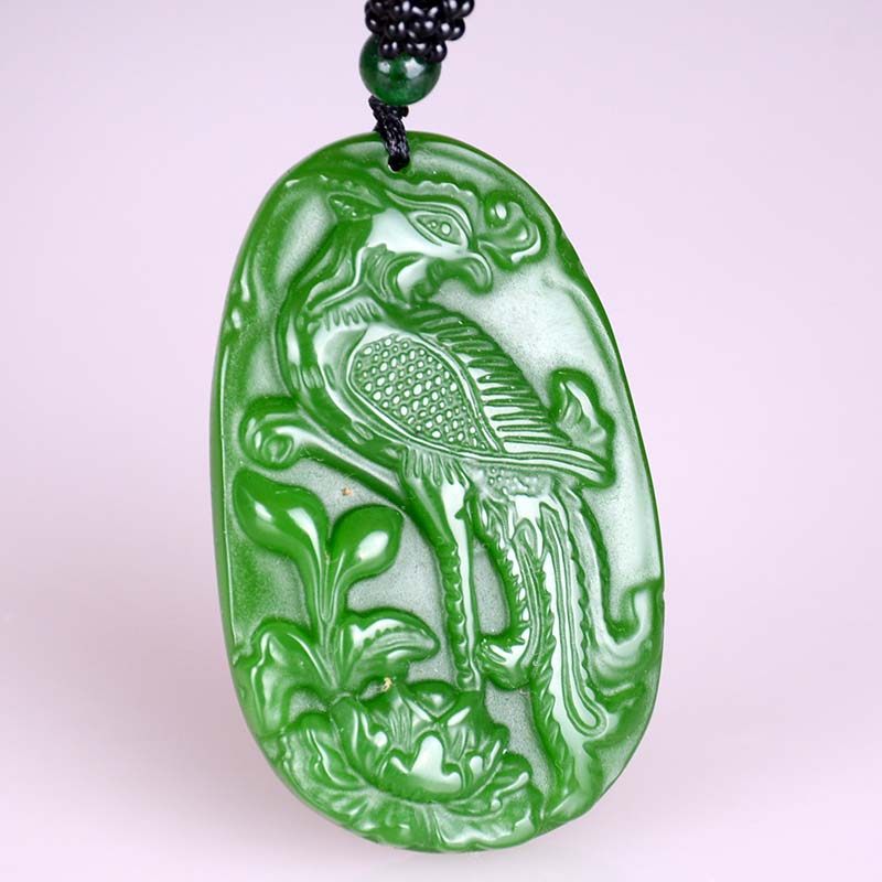 新疆和田玉碧玉凤凰吊坠菠菜绿玉凤戏牡丹凤凰报喜玉牌挂件