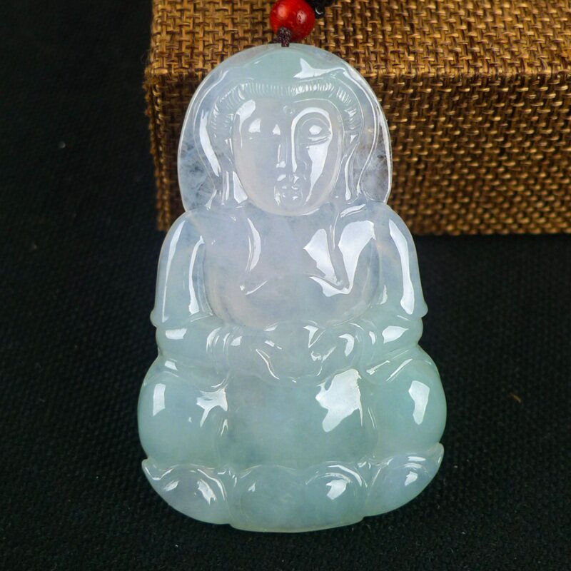 a货翡翠 冰糯种起胶浅绿色正装观音牌挂件含绳重34.21克
