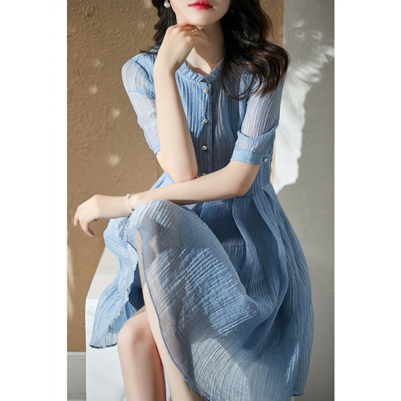 高级感网纱百褶裙子 高端气质蓝色连衣裙 2024女装法式夏季中长款