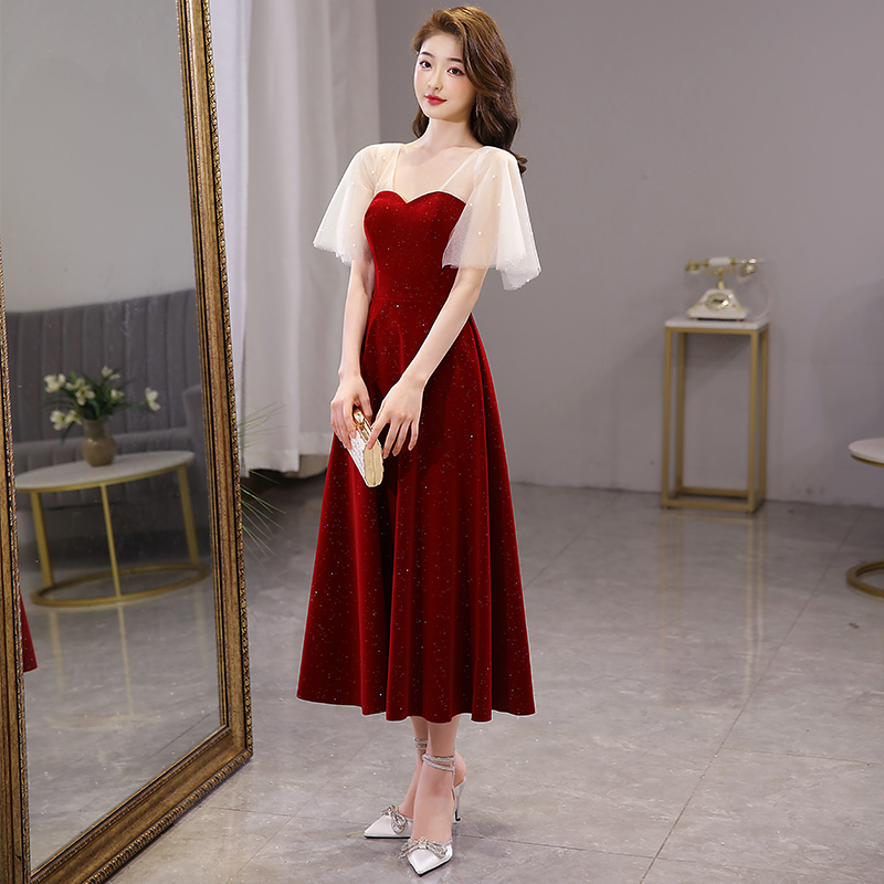 敬酒服新娘回门2021夏季新款结婚晚礼服酒红色平时日常可穿小个子