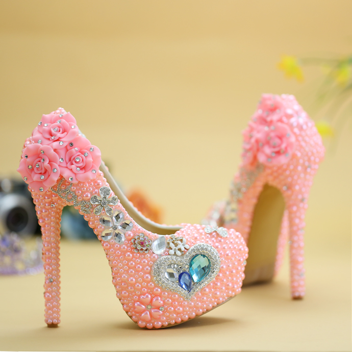 粉色珍珠高跟鞋公主水晶鞋成人礼演出宴会影楼拍婚纱照结婚新娘鞋