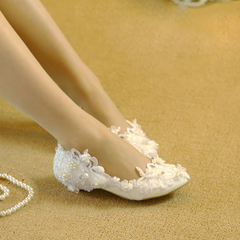 婚鞋白色低跟蕾丝水钻公主水晶鞋结婚鞋新娘拍婚纱照鞋34-44大码