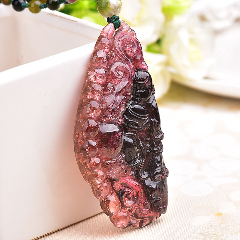 重58.24g 巴西碧玺雕刻佛挂件 俏色巧雕