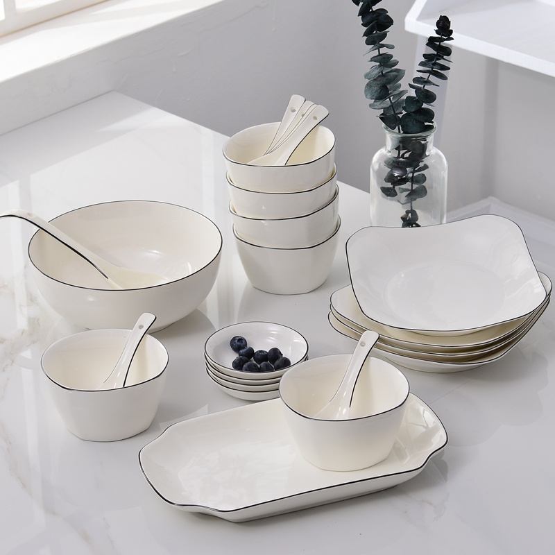 简约日式4人方形餐具家用手绘高档北欧黑线边碗盘碗碟勺陶瓷套装