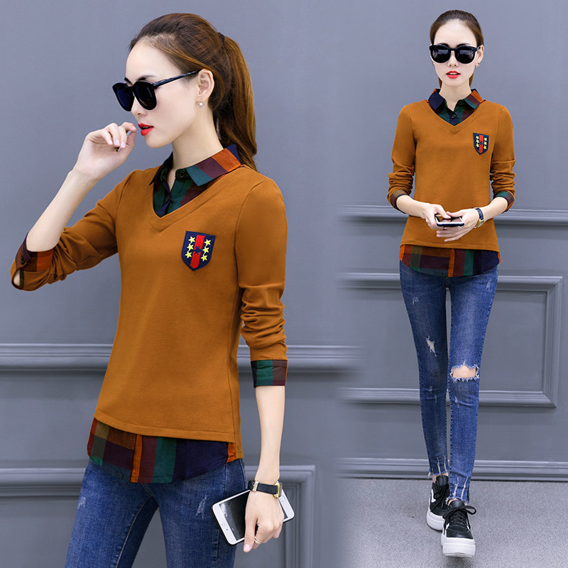 2018春秋新款韩版女装假两件长袖t恤上衣宽松秋装衣服秋季打底衫