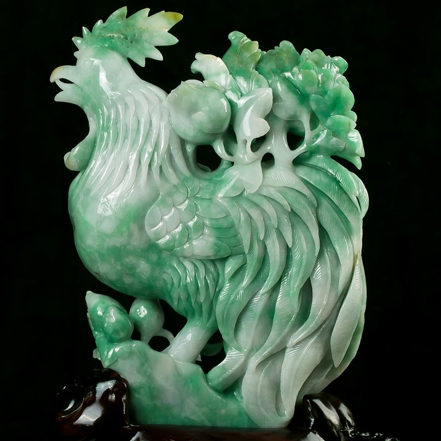 冰糯种老坑水润满色鸡(金鸡报晓)翡翠摆件3.61kg